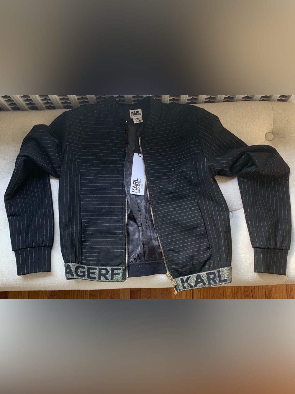 NWT Karl Lagerfeld Black Pinstripe Jacket with Gold Zipper